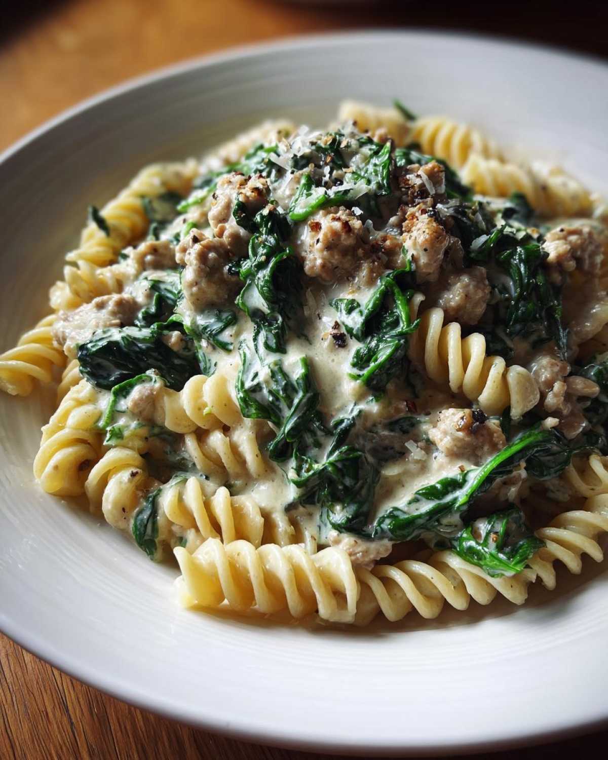 Close-up of a creamy ground turkey pasta dish featuring fusilli noodles, wilted spinach, and a sprinkle of cheese and pepper.