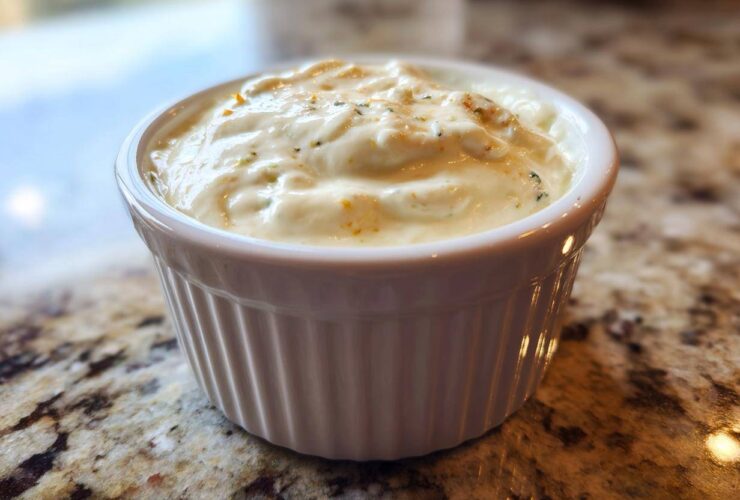 Close-up of creamy horseradish sauce for prime rib served in a small white fluted ramekin on a granite countertop.