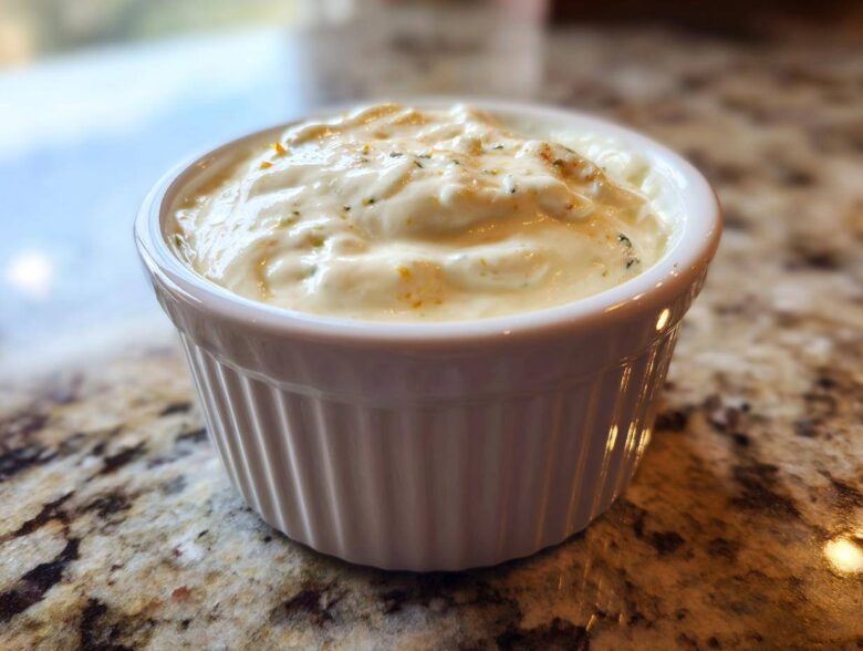 Close-up of creamy horseradish sauce for prime rib served in a small white fluted ramekin on a granite countertop.