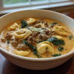 A close-up of a white bowl filled with creamy Italian sausage tortellini soup, featuring tortellini, ground sausage, and spinach.