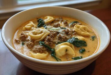 A close-up of a white bowl filled with creamy Italian sausage tortellini soup, featuring tortellini, ground sausage, and spinach.