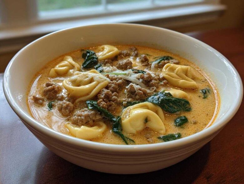 A close-up of a white bowl filled with creamy Italian sausage tortellini soup, featuring tortellini, ground sausage, and spinach.