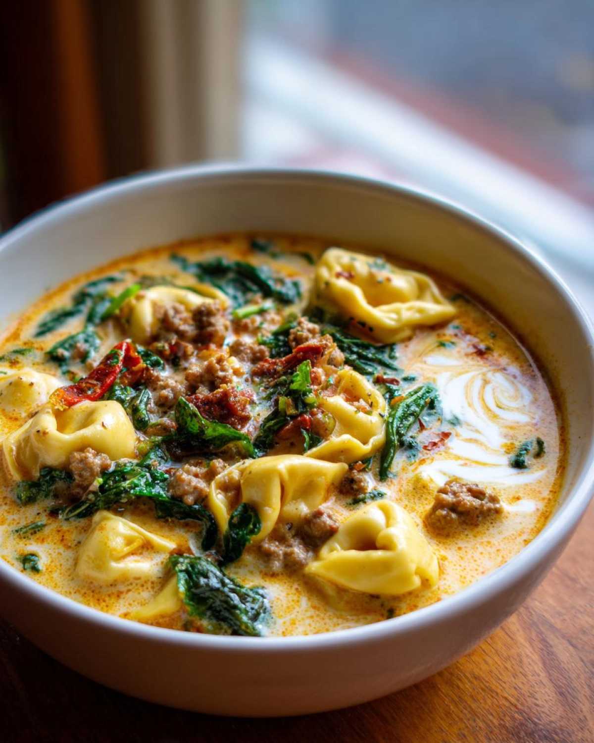 Close-up of a bowl of creamy Italian sausage tortellini soup with spinach and sun-dried tomatoes.