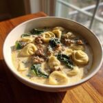 Close-up of a bowl of creamy italian sausage tortellini soup with spinach, beautifully lit by sunlight.