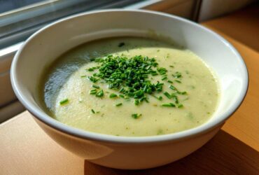 A close-up of a bowl of creamy, light green leek soup garnished generously with fresh chopped chives.