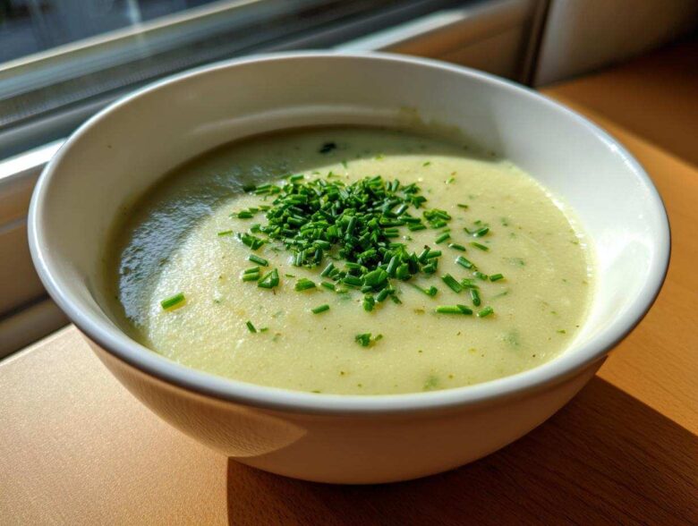 A close-up of a bowl of creamy, light green leek soup garnished generously with fresh chopped chives.