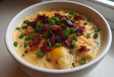 Close-up of a rich, creamy loaded baked potato soup topped with bacon bits and fresh green onions.