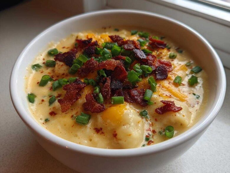Close-up of a rich, creamy loaded baked potato soup topped with bacon bits and fresh green onions.