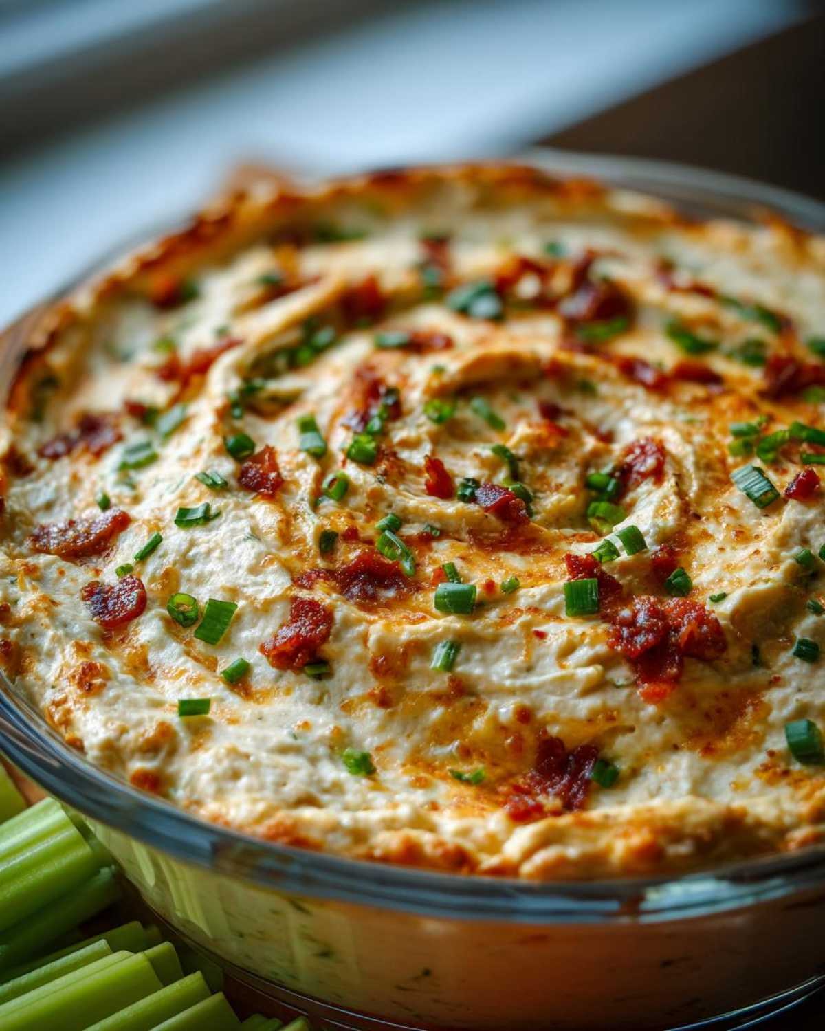 Close-up of a creamy Million Dollar Dip in a glass bowl, swirled and topped with crumbled bacon and fresh green chives.