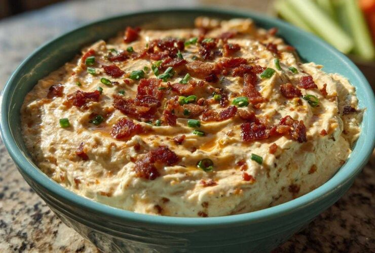 A close-up of creamy million dollar dip served in a teal bowl, topped generously with crumbled bacon and chopped green onions.