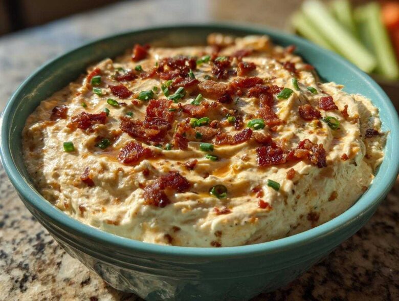 A close-up of creamy million dollar dip served in a teal bowl, topped generously with crumbled bacon and chopped green onions.