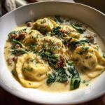 Close-up of a bowl of creamy ravioli soup featuring large ravioli, crumbled sausage, wilted spinach, and grated cheese.