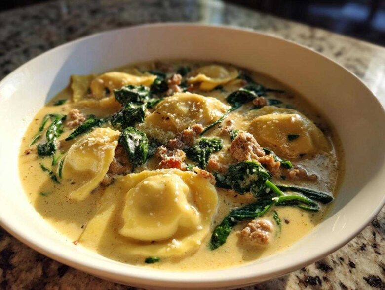 A close-up of a white bowl filled with creamy ravioli soup featuring cheese ravioli, crumbled sausage, and wilted spinach.