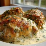 Three perfectly cooked chicken thighs with crispy, golden skin served in a rich, creamy herb sauce.