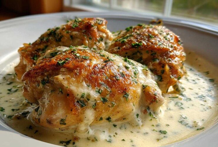 Three perfectly cooked chicken thighs with crispy, golden skin served in a rich, creamy herb sauce.