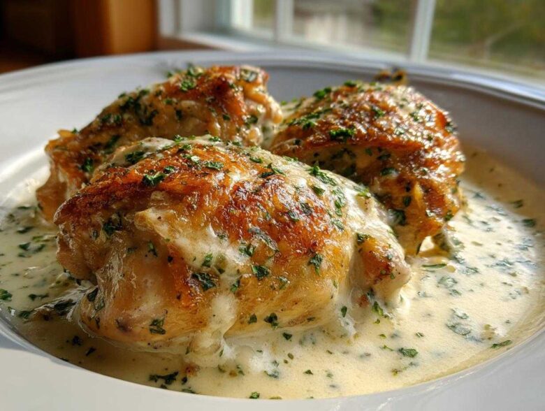 Three perfectly cooked chicken thighs with crispy, golden skin served in a rich, creamy herb sauce.
