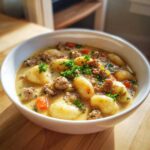 A close-up of creamy sausage gnocchi soup, featuring plump gnocchi, ground sausage, and carrots, garnished with parsley.