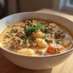 A close-up of a hearty bowl of creamy sausage gnocchi soup, garnished with fresh parsley.