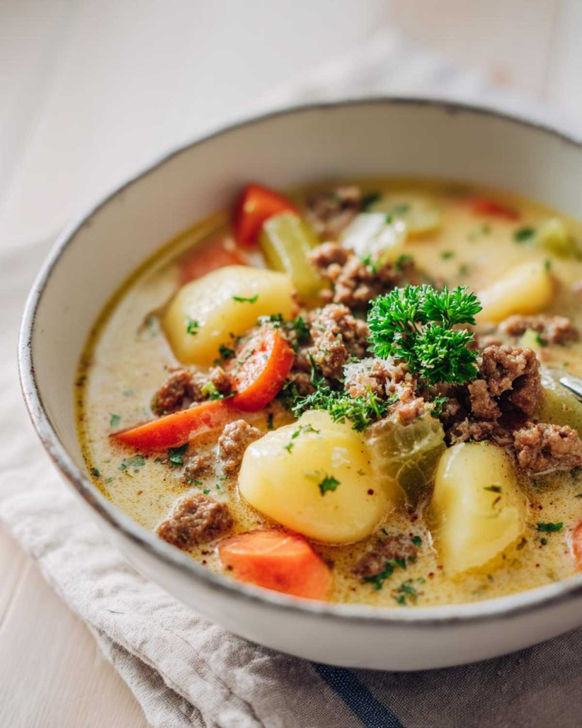 Close-up of a bowl of creamy sausage gnocchi soup, featuring soft gnocchi, ground sausage, carrots, and parsley garnish.