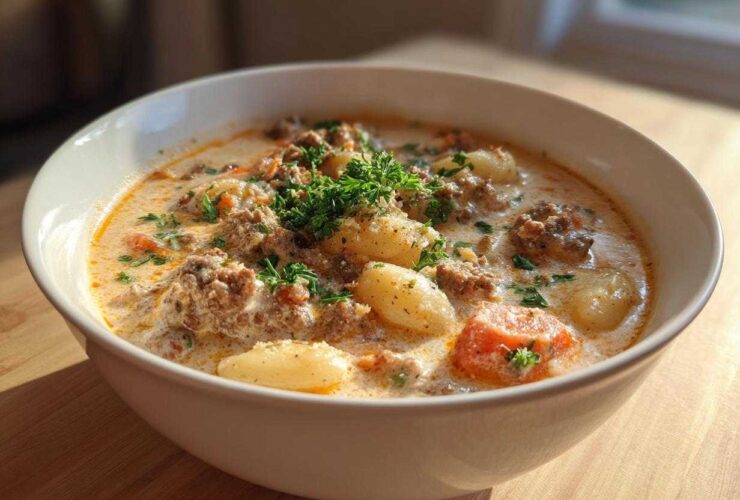 A close-up of a hearty bowl of creamy sausage gnocchi soup, garnished with fresh parsley.