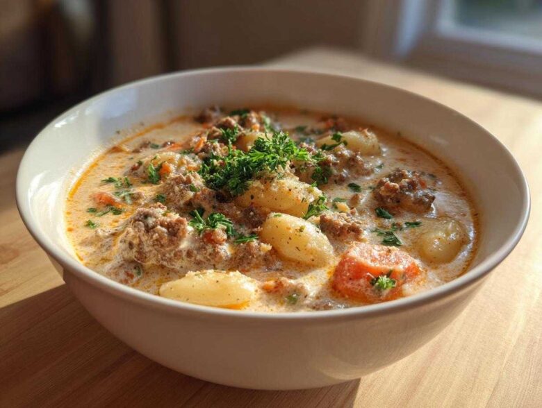 A close-up of a hearty bowl of creamy sausage gnocchi soup, garnished with fresh parsley.