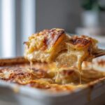 A spoonful of creamy scalloped potatoes being lifted from a white baking dish, showing melted cheese strings.
