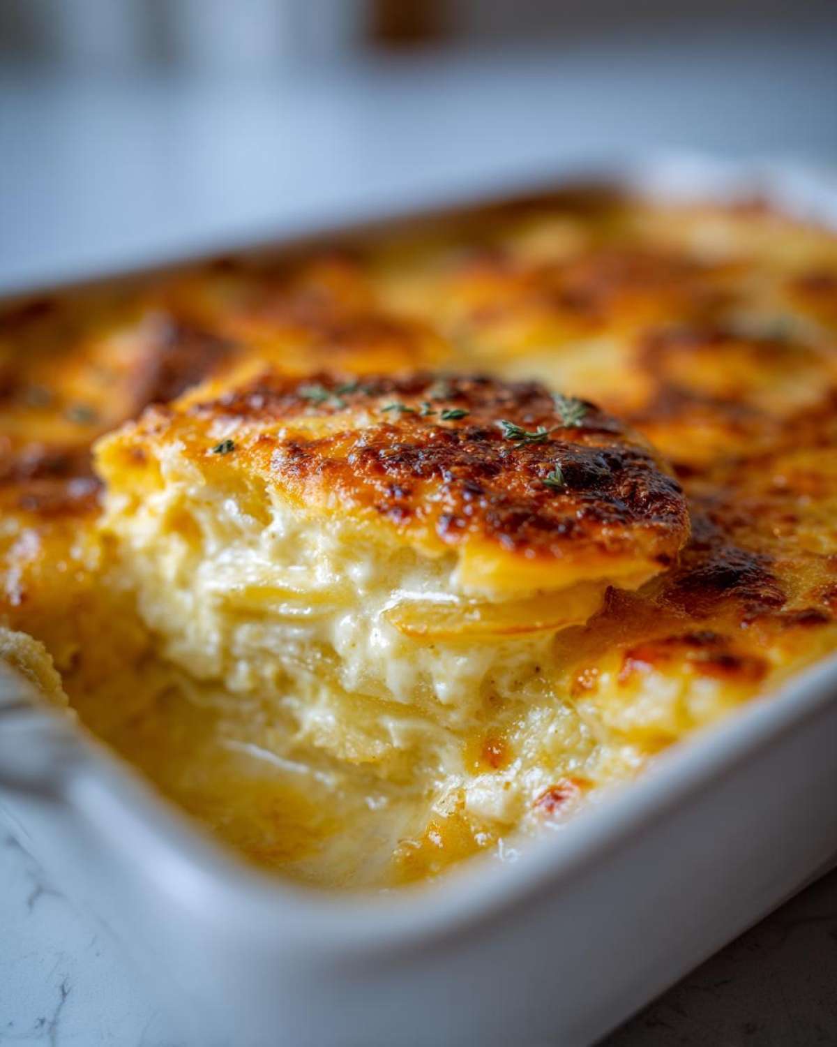 A close-up of a serving being lifted from a white baking dish of creamy, cheesy scalloped potatoes with a browned top.