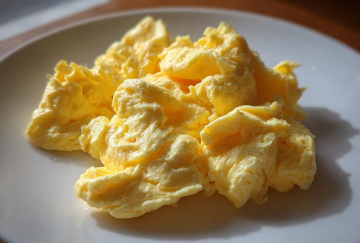Close-up of fluffy, creamy scrambled eggs served on a white plate, highlighting their soft texture.