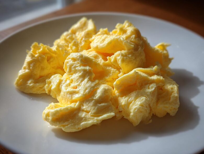 Close-up of fluffy, creamy scrambled eggs served on a white plate, highlighting their soft texture.