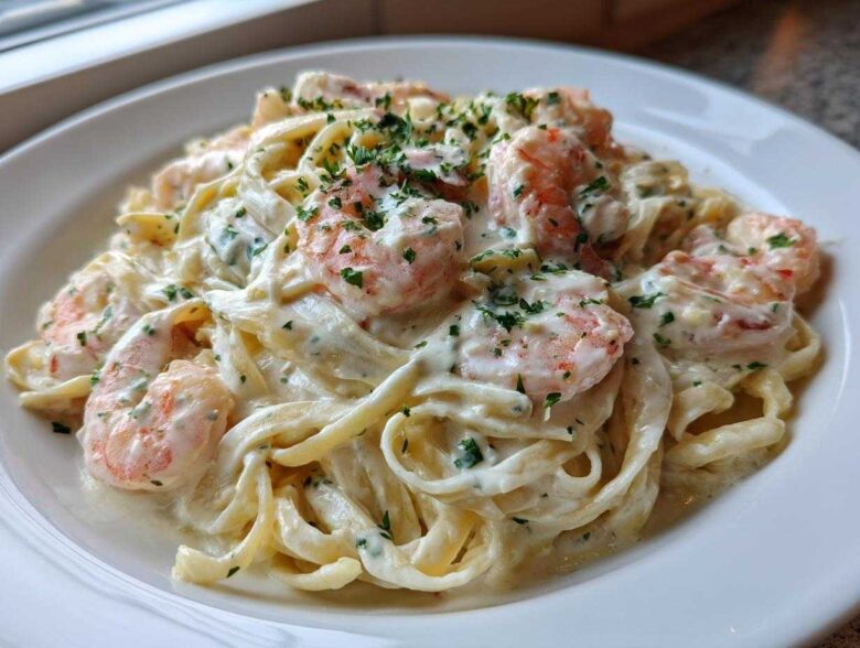 A close-up of creamy shrimp alfredo pasta, featuring pink shrimp tossed in rich white sauce and garnished with parsley.