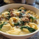 Close-up of a bowl of creamy tortellini soup featuring cheese tortellini, crumbled sausage, and wilted spinach.