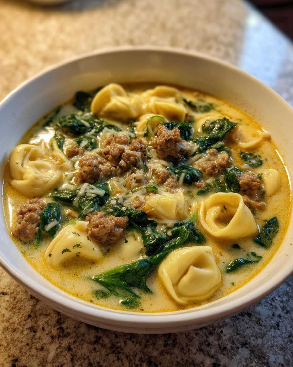 Close-up of a hearty bowl of creamy tortellini soup featuring cheese tortellini, crumbled sausage, and wilted spinach.