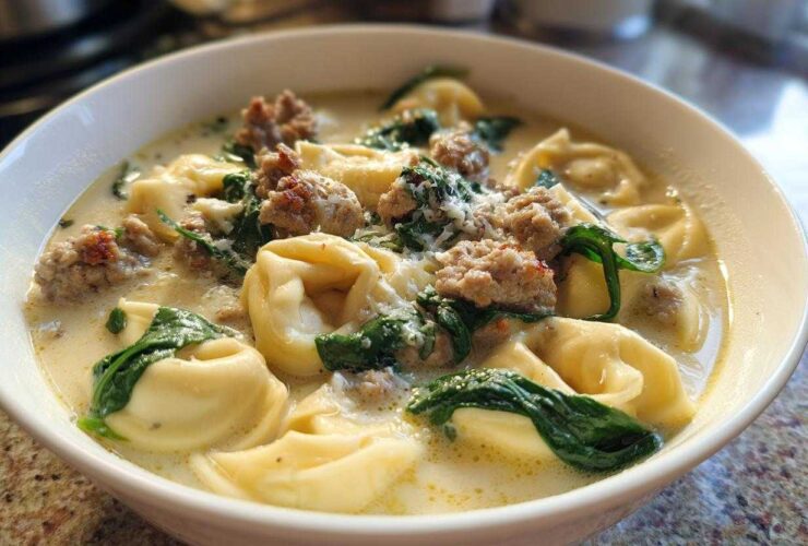 Close-up of a bowl of creamy tortellini soup featuring cheese tortellini, crumbled sausage, and wilted spinach.