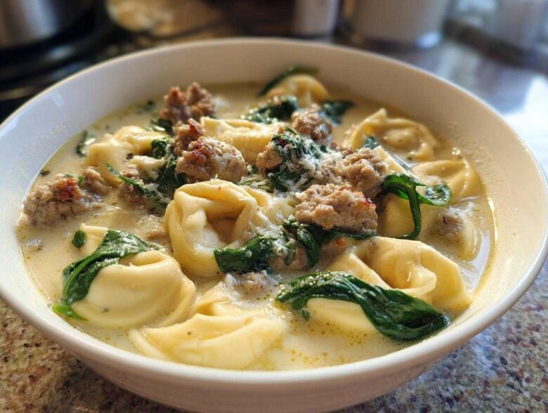 Close-up of a bowl of creamy tortellini soup featuring cheese tortellini, crumbled sausage, and wilted spinach.