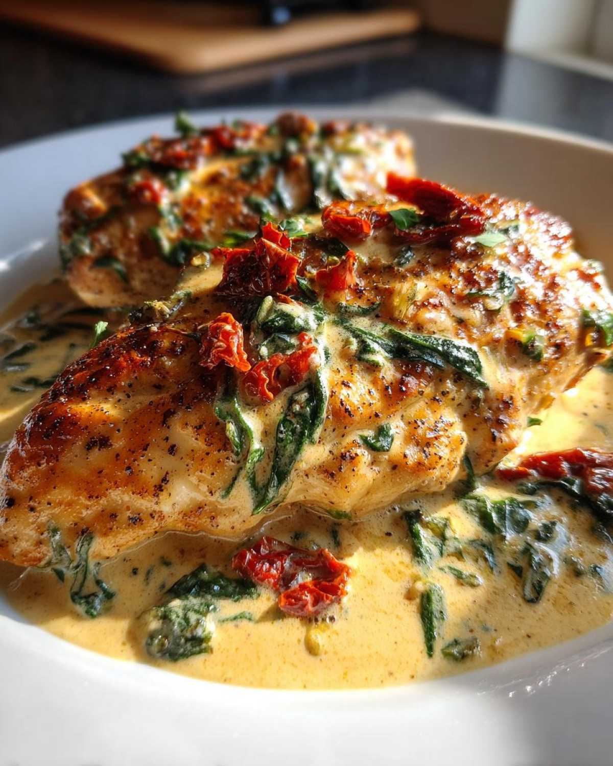 Two golden-brown chicken breasts smothered in rich, creamy Tuscan sauce with spinach and sun-dried tomatoes, highlighting the creamy tuscan chicken.