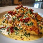 Close-up of two pan-seared creamy Tuscan chicken breasts covered in rich cream sauce, spinach, and sun-dried tomatoes.
