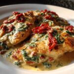 Close-up of pan-seared chicken breasts smothered in a rich, creamy sauce with spinach and sun-dried tomatoes, representing creamy tuscan chicken.