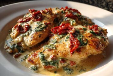 Close-up of pan-seared chicken breasts smothered in a rich, creamy sauce with spinach and sun-dried tomatoes, representing creamy tuscan chicken.