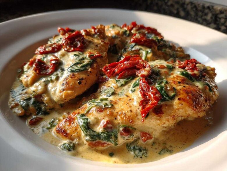 Close-up of pan-seared chicken breasts smothered in a rich, creamy sauce with spinach and sun-dried tomatoes, representing creamy tuscan chicken.