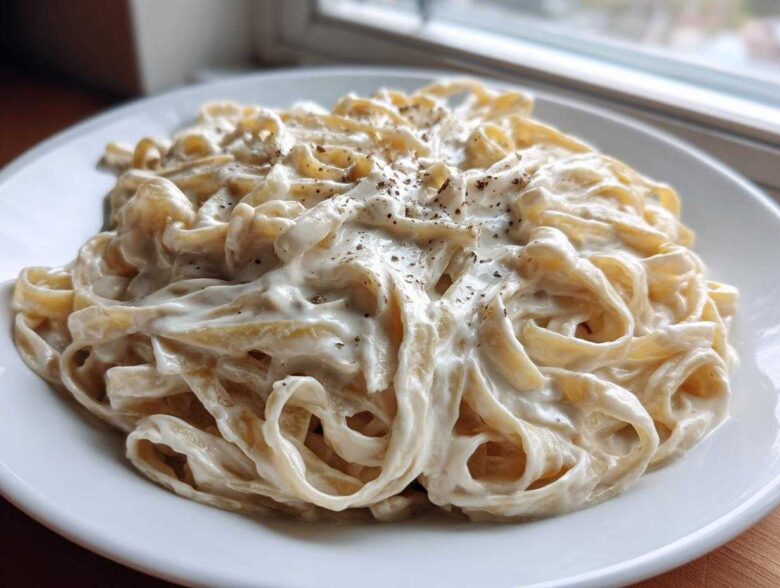 Close-up of fettuccine pasta coated in rich, creamy vegan alfredo sauce and topped with black pepper.