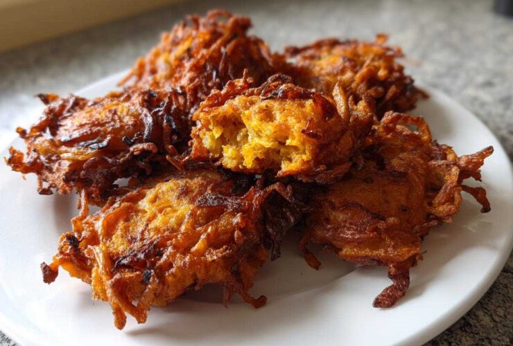 A close-up of several crispy, golden-brown Amish Onion Fritters piled on a white plate.