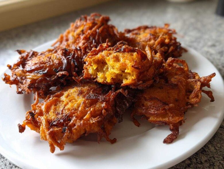 A close-up of several crispy, golden-brown Amish Onion Fritters piled on a white plate.