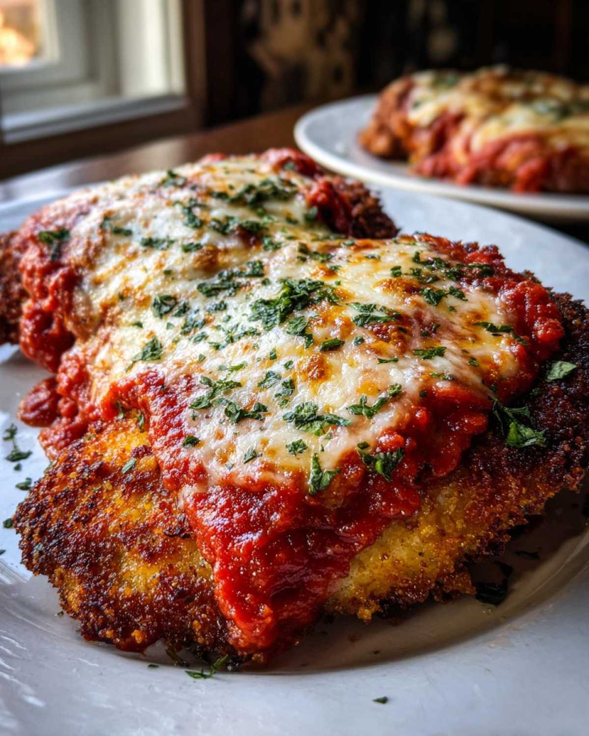 Close-up of a crispy, breaded chicken parmesan recipe topped with rich tomato sauce and melted mozzarella cheese, sprinkled with parsley.