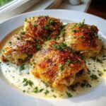 Four perfectly cooked chicken thighs with crispy skin resting in a creamy white sauce, garnished with fresh parsley.