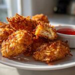 Golden brown, crispy coconut chicken bites piled on a white plate next to a small bowl of sweet chili dipping sauce.