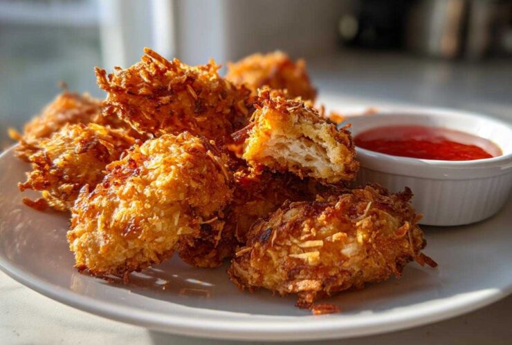 Golden brown, crispy coconut chicken bites piled on a white plate next to a small bowl of sweet chili dipping sauce.