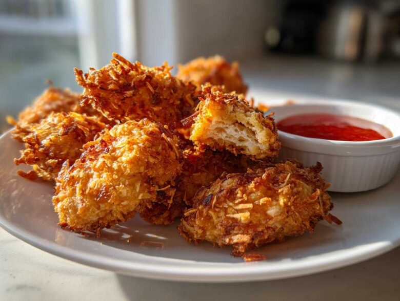 Golden brown, crispy coconut chicken bites piled on a white plate next to a small bowl of sweet chili dipping sauce.