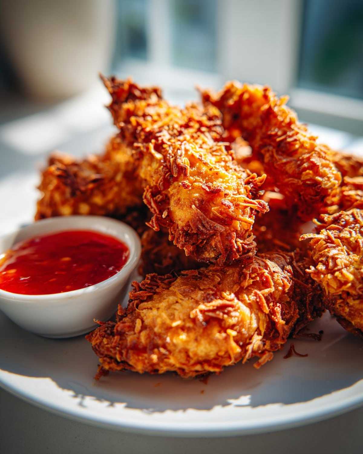 Close-up of golden brown, crispy coconut chicken tenders served with a small bowl of bright red sweet chili sauce.