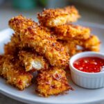 A pile of golden brown, crispy coconut chicken tenders served on a white plate next to a small ramekin of sweet chili sauce.