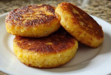 Three golden-brown, round patties of crispy fried cornbread stacked slightly on a white plate.